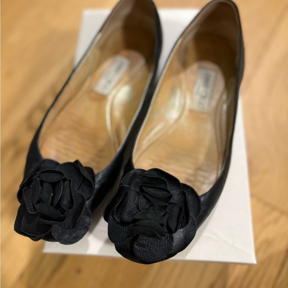Jimmy Choo Black Leather Rosette Ballet Flats | Size 37.5 | Box | Authentic - Picture 2 of 12